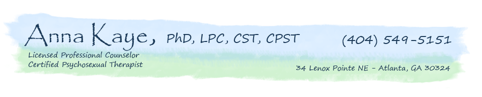 Anna Kaye, LPC, CST, (404) 549-5151, 34 Lenox Pointe NE Atlanta GA